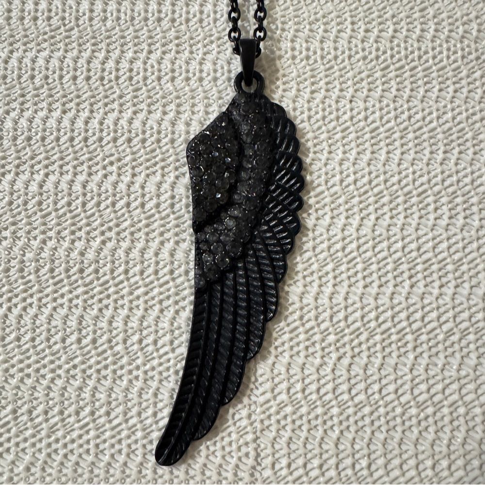 Black Angel Wing Pendant Necklace with Rhinestone Accents - Picture 3 of 5